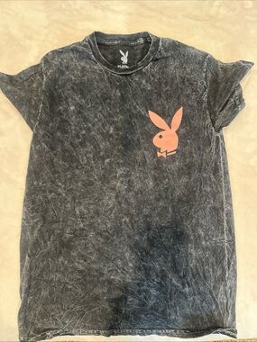 PLAYBOY Black Mineral-Wash Tee with Pink Bunny Graphic
